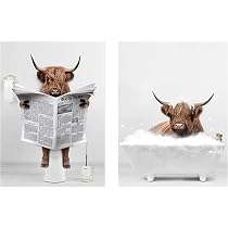 Set di 4 stampe artistiche da parete per bagno, senza cornice, motivo mucca delle Highland, decorazione rustica per il bagno, divertente poster da parete per bambini, bagno, WC, 40,6 x 61 cm