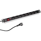 Perel PDU Power Strip 8 Outlets, Type E Sockets with Grounding, Rack 19 Inches, 3680 W 16 A, Switch, Surge Protection, Cable