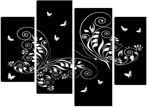 A Floral Abstract Butterfly Silhouette In Black and Silver - Canvas Art - 4 Split Panel Design 71cm x 101cm - FREE HANGING KIT INCLUDED