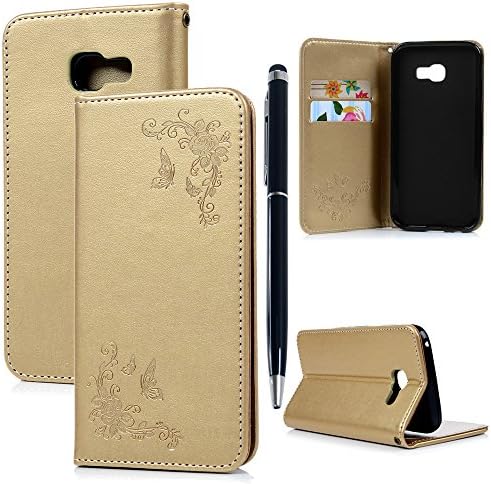 A5 2017 Case - PU Leather Case Wallet Flip Cover - Magnetic Closure - Card Slots - Money Pouch - Kickstand - Flip Wallet Case with Stylus Pen - Embossing Design FOR Samsung Galaxy A5 2017 ,Gold