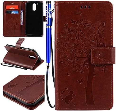 FESELE MOTO G4 Case PU Leather Flip Wallet Case [Butterfly Tree Flower Cat Pattern] Embossing PU Leather Bookstyle Wallet Case Magnetic Closure with Stand Function PU Leather Wallet Flip Cover Sleeve Card Slot and Banknotes Pocket with Hand Strap Lanyard For [ MOTO G4 ] + 1 x Stylus Pen- Light Brown
