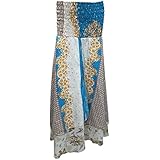 Mogul Interior Women's Summer Dress Vintage Silk Sari Long Skirts Sarong Dresses White/Blue