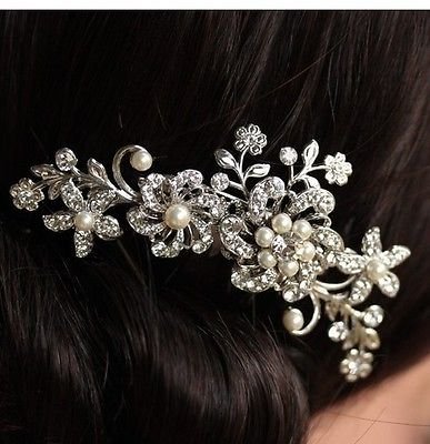 Haarspange Braut Hochzeit Blumen Schmucksteine Kristall Perlen - Silber, M