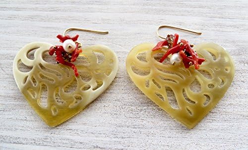 Heart earrings, carved horn earrings with italian red coral, pearls and czech bead, gold plated 925 sterling silver earrings, large earrings, romantic jewellery, gift for her, made in italy