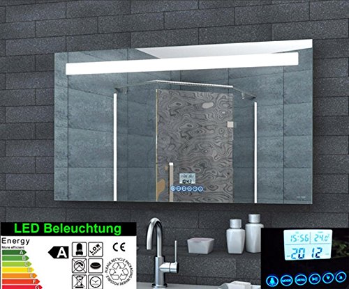 Multimedia Badezimmer Spiegel LED Beleuchtung 51 LED Handy Halterung Uhr Radio MP3 USB Touchschalter Aluminium Rahmen 100x60cm