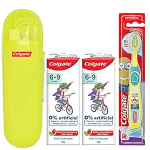 Colgate Kids (5+ years) minions Toothbrush + Colgate Kids 6-9 Years Strawberry Mint Flavour paste , 0% Artificial For Kids - (2x80g) + Toothbrush/Toothpaste Container Hard Plastic Case