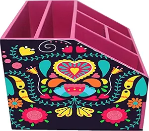 Enigmatic Woodworks Multi Purpose Wooden Desk Organizer with Drawer, Pen Stand, Pencil Stand, Stationery Stand for Office, Kitchen Organizer (Pink Flower Pattern)