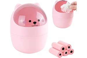 IBEQUEM Mini stołowy kosz na śmieci z pokrywką, słodki kosz na śmieci z kreskówki, przenośny, zdejmowany kosz na śmieci z 5 rolkami, do biura, pokoju dziecięcego, toaletki, salonu (różowy)