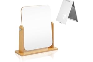 FINEASY Kosmetikspiegel, Tischspiegel mit Kleiner Spiegel, 360 Grad Drehung Schminkspiegel Stehend Holz für Schminktisch Schlafzimmer Schreibtisch Badezimmer