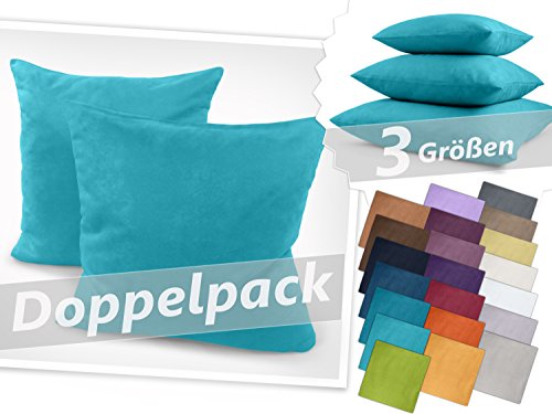 Doppelpack Kissenhüllen in Wildleder-Optik - zum Sparpreis - in 21 fantastischen Farben und 3 Größen (14 Farben in 60 x 60 cm) - angenehm weich & überaus robust, 50 x 50 cm, türkis