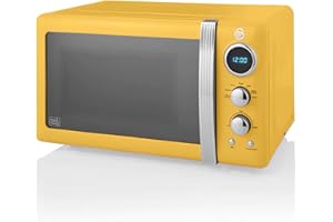 Swan Retro SM22030YELNEU Micro-ondes Numérique 20L, 5 Niveaux de Puissance, Fonction Décongélation, Minuterie 60 Minutes, Porte à Effet Miroir, Plateau Tournant 27cm, Design Vintage, Jaune, 800W