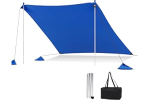 HOMASIS Tenda da spiaggia anti-UV per 1-4/4-8 persone, velo da ombreggiatura con 2 barre di supporto e borsa di trasporto, ancoraggi di sabbia e 4 sacchi di sabbia (blu, 230x