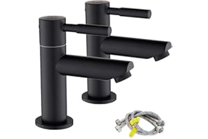 Ankoory Bathroom Basin Pillar Taps, Pair of Sink Taps for Washroom, Modern 2PCS Faucets, Hot and Cold Taps with Flexible Tails, 1/4 Turn Ceramic Disc, Quick Installation, Brass (Matte Black)