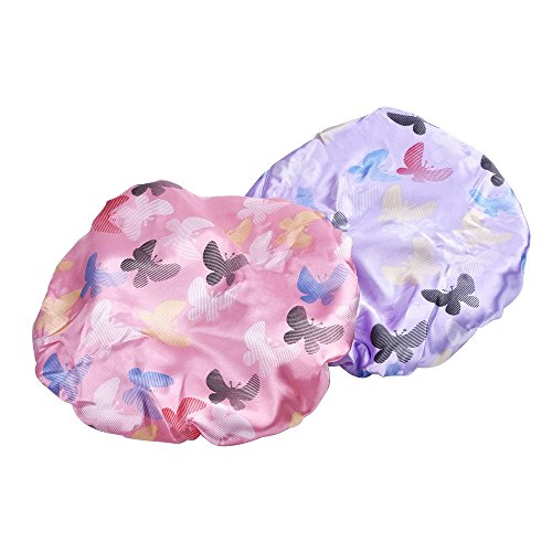 Mudder Waterproof Women Shower Cap Double Layer Bath Cap Elastic Band Spa Shower Hat, 2 Pack, Pink and Purple