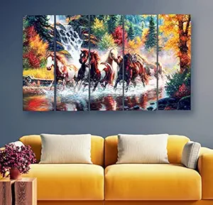 Artdira 7 Horses Vastu Prosperity Multiple Frames Wall Painting For Living Spaces, Bedroom, Hotels & Office With Sparkle Touch 7mm Hard Wooden Board (50*30 inches) AD_MFC_65