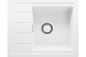 PRIMAGRAN Evier Cuisine en Granit Blanc 55x44cm, Lavabo 1 bac + Kit de Vidage, Évier à Encastrer al mueble 45cm - Copenhague Easy S002