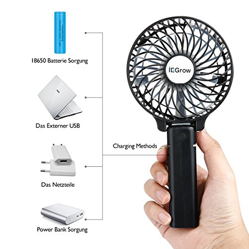iEGrow USB Ventilator Leise Mini Handventilator Ventilatoren Lüfter mit Batterie Farbe Schwarz - 4