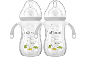 Oberni Weighted Baby Bottles with Size 4 Fast Flow Breast-Like Teat for 12 Months Plus / 1 Year Old Newborn Babies, 270ml/9oz, Non-Slip Handles, Anti-Colic, Grey/2 Pack