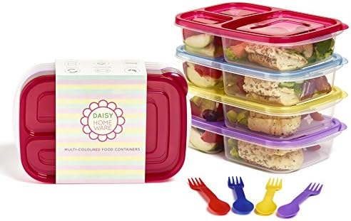 [4 Pack] Premium Multi-Coloured Eco-Friendly 3-Compartment Bento Lunch Box Containers with Matching Coloured Sporks, Microwavable, Dishwasher Safe &amp; Reusable by Daisy Homeware
