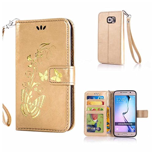 Galaxy S6 Hülle Ledertasche [mit Frei Hartglas Displayschutzfolie], KKEIKO® Schutzhülle PU Leder Tasche Hülle Case für Samsung Galaxy S6, Wickelfalz Handyhülle mit Bändselloch Standfunktion Karteneinschub und Magnetverschluss, Kratzfeste Lederhülle Flip Wallet (Schmetterling #2)