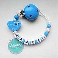Schnullerkette mit Namen Herz Kleines Wunder der Welt Gravur Geschenk Taufe Geburt Silikonring individuell | Junge blau Namenskette