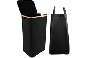 FWEEK Wäschekorb mit Deckel Groß, 100L Wäschesammler Wäschekorb Wäschetonne mit Bambus Henkel und Innentasche, Herausnehmbaren Wäschesäcke für Schlafzimmer Badezimmer, Schwarz