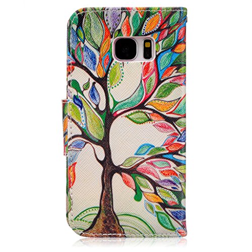 Galaxy S7 Edge Case + Free Tempered Glass Screen Protector,Mo-Beauty® Samsung Galaxy S7 Edge Leather Case,Full Body Colorful Pattern Design Flip PU Leather Wallet Card Slot Stand Case Cover For Galaxy S7 Edge (Colorful tree #2)