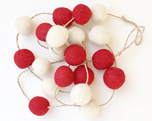 De Kulture Handmade Premium Wool Felt POM POM Garland Eco Friendly Christmas Tree Ornament, Home Office Wedding Party Holiday Decoration Banner | 48 Inches, RED & Off White (Set of 2)