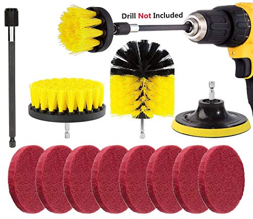 Cepillo Taladro Limpieza Kit, Kagni Cepillo Limpieza 3 Piezas, 8 Piezas Estropajos y una Varilla de Extensión de 150 mm para Taladro y Destornillador Electrico, para Limpiar Coche, WC, Juntas Baldosas