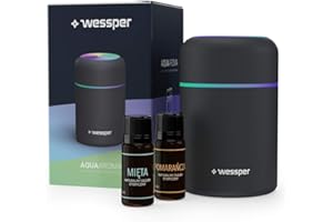 Wessper 2-In-1 Mini Luftbefeuchter 300ml Grau & Aroma Diffuser mit 2x ätherische Öle | Raumbefeuchter Humidifier Essential Oils | Automatische Abschaltung & Super Leise, USB Ladefunktion, 2 Nebelmodi