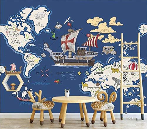 HDOUBR Mundo Animal Tesoro Mapa náutico Viento habitación de los niños Fondo Pared Personalizado Grande Mural Verde Fondo de Pantalla, 200x140 cm (78.7 by 55.1 in)