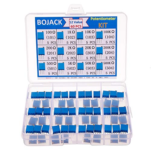 BOJACK 12 valores 60 piezas 100 a 500K ohm 3296W Kit de surtido de potenciómetro de recortador de vueltas múltiples paquete en una caja de plástico transparente
