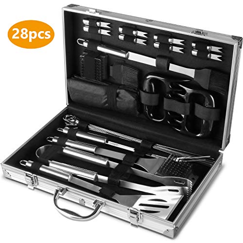 Xddias Grillbesteck BBQ Grill Zubehör 28 Set, Edelstahl Grillbesteck im Aluminium Koffer