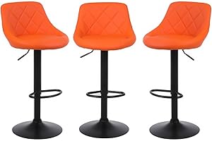 MILLIES DESIGN Set of 3 matching CORDOBA Bar Stools Set with Backrest, Leatherette Exterior, Adjustable Swivel Gas Lift, Black metal parts for Breakfast Bar, PACK OF 3 ! (ORANGE)