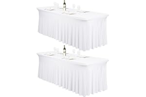 FXKS 2 Stück Spandex Tischröcke,244 x 76cm Weiß Stretch Tischdecke mit Rock Waschbare Tischrock für 8Ft Rechteck Tische, Einziehbare Tischabdeckung für Hochzeiten Bankette Messen