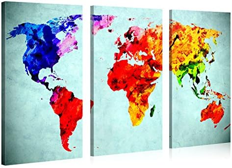 Large Canvas Print Wall Art – World Map in Watercolour Style - 120x80cm Canvas Picture Stretched On A Wooden Frame – Giclee Canvas Printing – Hanging Wall Deco Picture