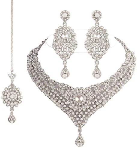 I Jewels Women's Cocktail Jewellery Ethnic Collection Rodium Plated Stone Necklace Set with Maang Tikka White