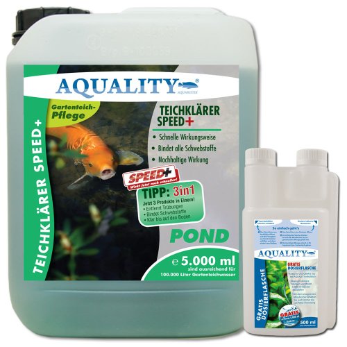 AQUALITY TeichKlärer SPEED+ 5.000 ml (GRATIS Lieferung innerhalb Deutschlands - Wirkt schnell und sicher - Entfernt Trübungen und bindet Schwebstoffe im Gartenteich - Nachhaltige Wirkung für kristallklares Teichwasser - Teichklar)
