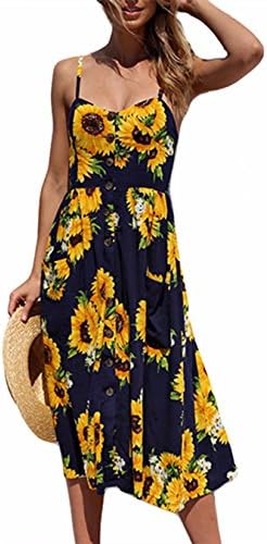 FASTYLING Women's V Neck Retro Summer Dress A-line Sleeveless Backless Buttons Sunflower Beach Dress Midi Dress With Pockets