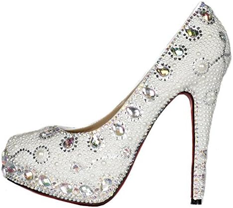 Bride Bridesmaids Crystal Shoes Women Thin High Heels White Pearl Diamond Handmade Leather Wedding Party Nightclub Evening Pumps Sandals . White . 34