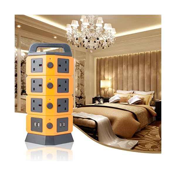 sourcingmap® Tower Power Strip 2500W Smart Socket Surge Protector 10 UK Socket 4 USB Charging Station 6.5ft Extension Cord Orange - Image 8