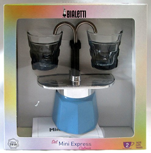 Bialetti: Set Mini Express Colour 2-Cups AZURE + 2 Bialetti Transparent Coffee Glasses with Azure Bottom [ Italian Import ]