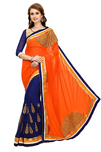 MARUTI FASHION saree for women orange - neavy blue georgette embroidery half moon work saree sari (Saree with Unstiched Blouse) RS.1155 (74.00% Off) - Amazon