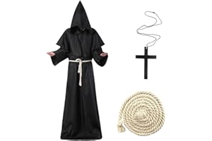 LGZIN Disfraz de Monje Hombre, Sacerdote Túnica Medieval Renacimiento Traje, Disfraz de Monje Medieval Sacerdote con Collar de Cruz, Disfraz de Cosplay de Halloween con Capucha