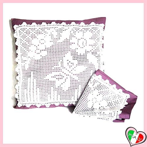 Set 2 White and Purple crochet filet cover for pillows in cotton and fabric - size: 16 inch x 16 inch - Handmade - ITALY