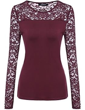 Zeagoo Damen T-Shirt mit Floral Spitze Langarmshirt Spitzenshirt Top Bluse Shirt Tunika Hemd