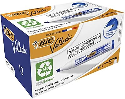 BIC Velleda 1751 ECOlutions Feutres pour Tableau Blanc Effaçables à Sec à Pointe Moyenne Biseautée - Rouge, Boîte de 12