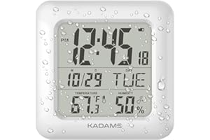 KADAMS Digital Bathroom Shower Wall Clock, Waterproof for Water Spray, Temperature Humidity Moisture Proof, Large Display Calendar Month Date Day, Suction Cup Stand Hanging Hole Rope Clock White Frame