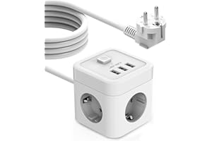 JSVER Cubo Enchufes 5M con 3 Puertos de USB y 3 Tomas Regleta USB 3680W/16A Proteccion Sobretension Enchufe Alargador Multiple Carga Rapida para Samsung iPad iPhone Tablets -Blanco