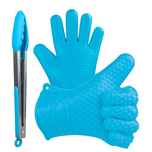 KEDSUM Einbauküche Hitzebeständige Silikon Grilling Grillhandschuh Ofenhandschuhe und Edelstahl Zangen Set